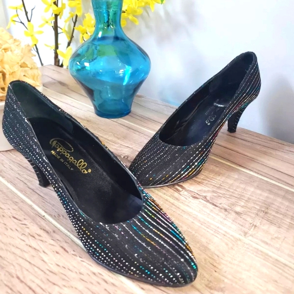#131 Womans Cappagallo Black Iridescent Pump Heels Shoes 5.5 Italian Work Party